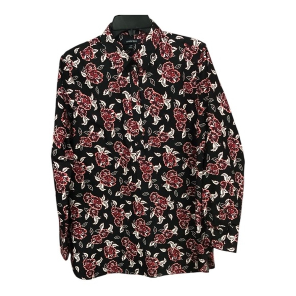 Lands End Black Red Floral Print‎ Button Down Long Sleeve Shirt Women's 14P